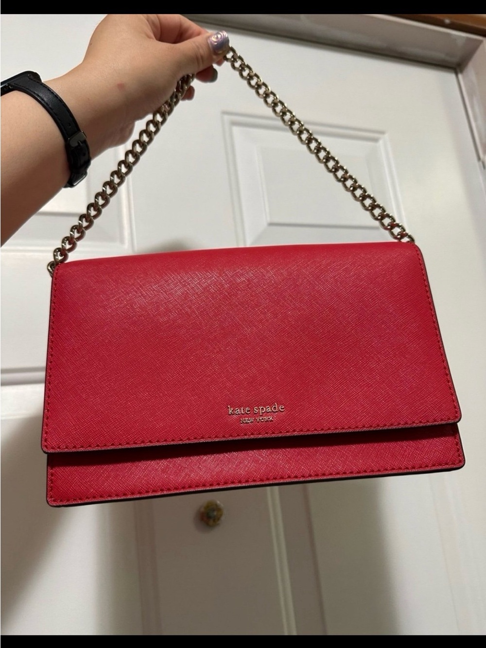 kate spade Red Saffiano Leather Chain Shoulder Bag with Gold Chain